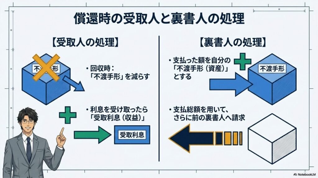 代金回収時の受取人の仕訳と、代金を支払って新たな償還請求権を得る裏書人の仕訳の違い
