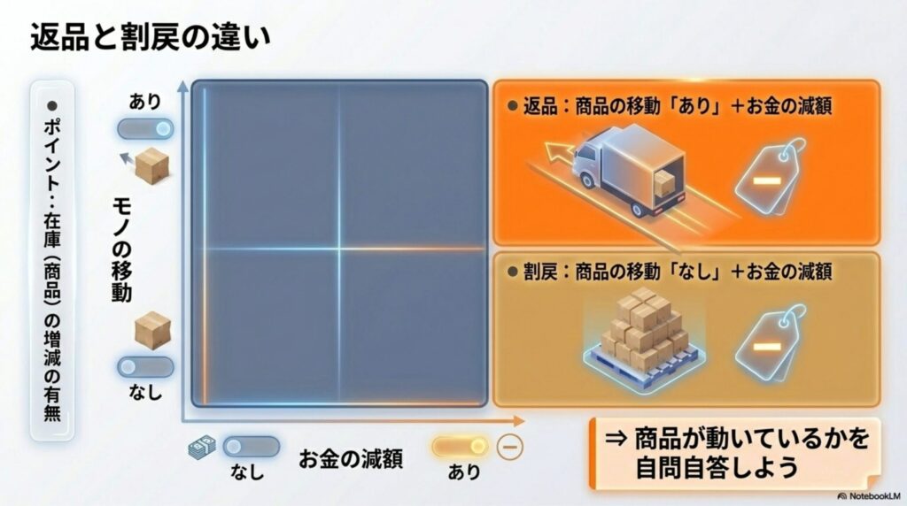 返品は商品の物理的な移動を伴うのに対し、割戻は商品の移動を伴わず金額だけが減額されることを比較した図解
