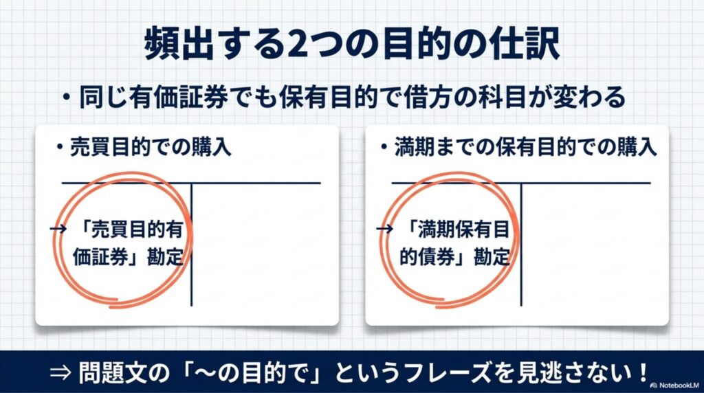 売買目的有価証券と満期保有目的債券の購入時の基本の仕訳を示す図解
