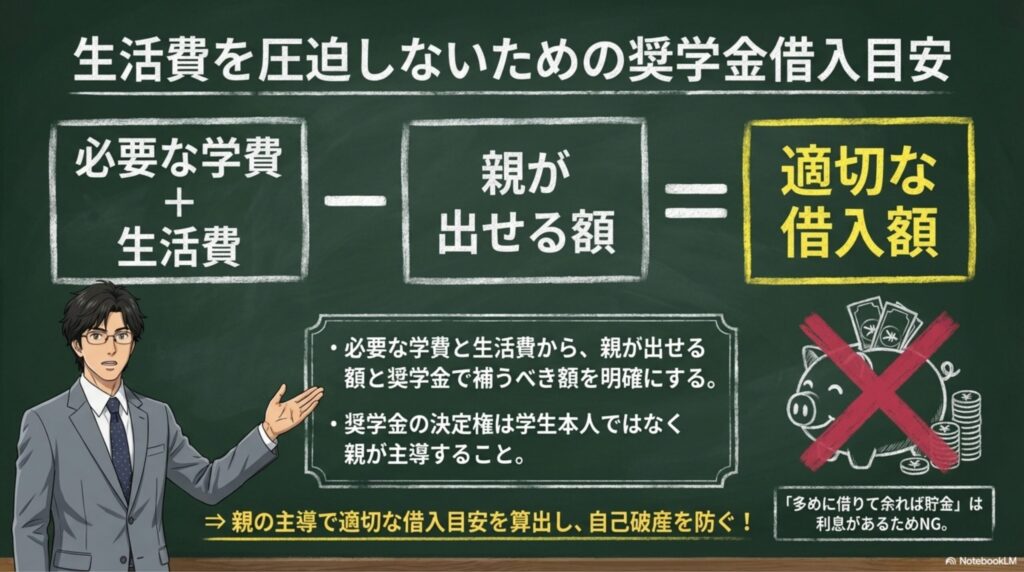 必要な学費と親が出せる費用から妥当な借入額を算出し、子ども任せではなく親が主導で決めるプロセスの図解。