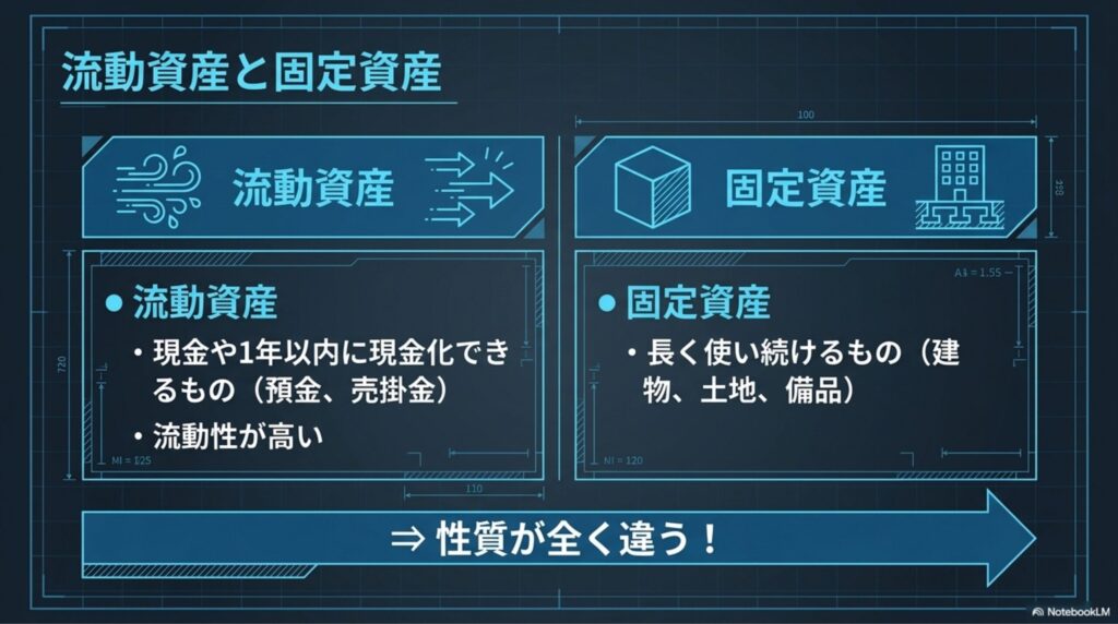 すぐに現金化できる流動資産と、長期にわたり会社で使用する固定資産の根本的な違いを示す図解。

