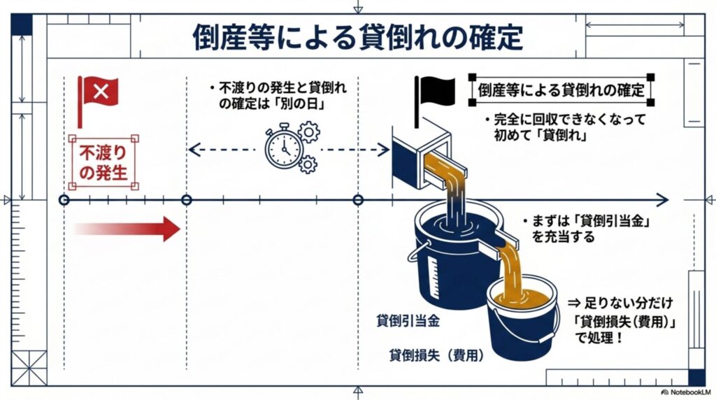 償還請求が不可能になった際に貸倒引当金を取り崩し、不足分を貸倒損失とする処理の図解
