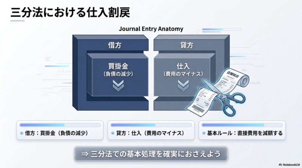 買掛金を減らしつつ、仕入という費用のマイナスとして貸方に計上する仕入割戻の仕訳を示した図解
