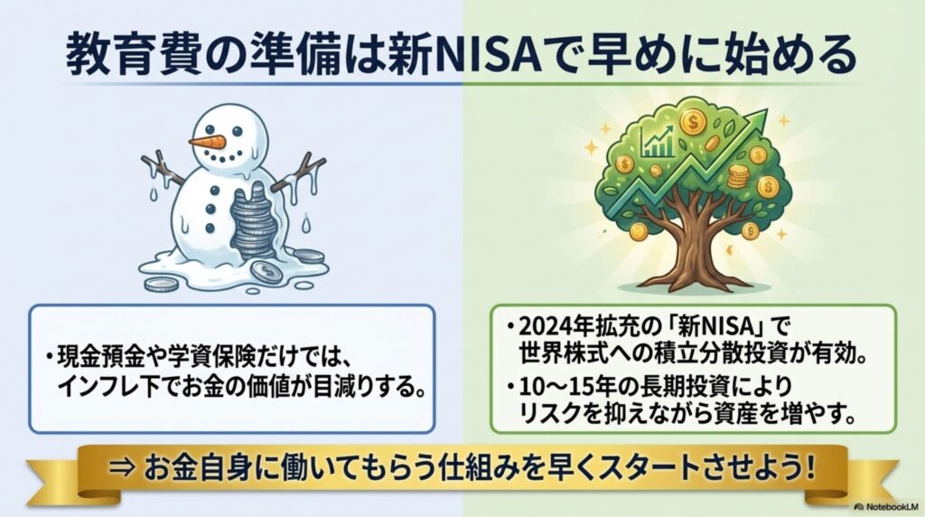 現金預金だけでなく新NISAを活用して長期間インデックス投資を行うことで、教育資金を非課税で膨らませる仕組みの図解。