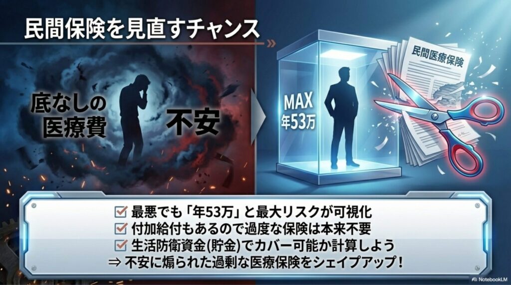 漠然とした医療費上限の雲が晴れ、上限額が判明する横で保険の解約をしている図解
