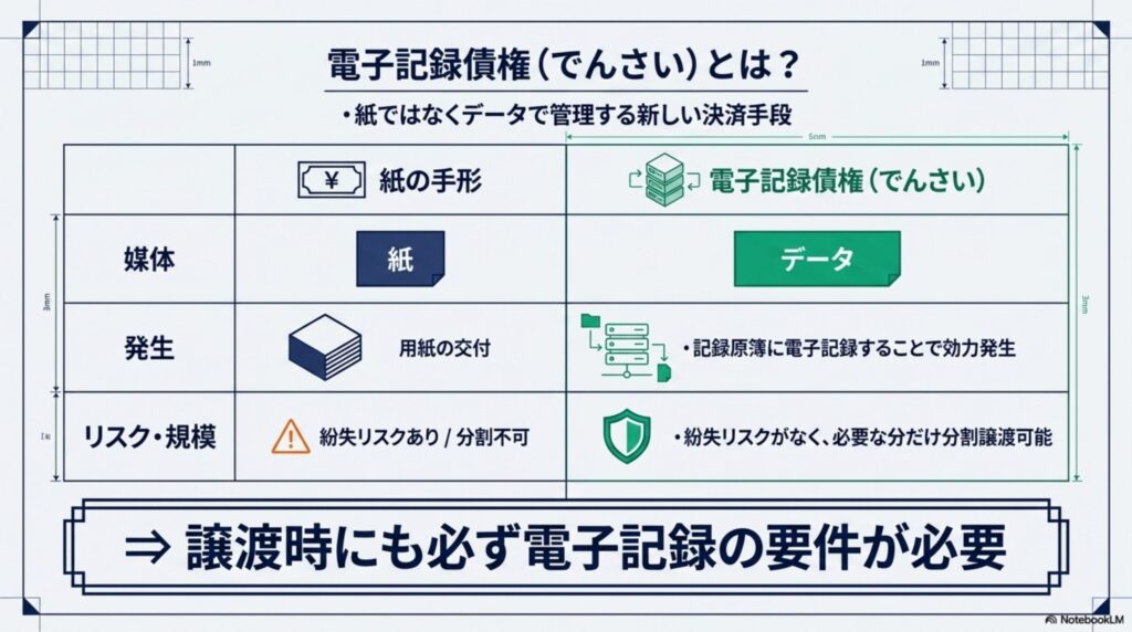 紙の手形の代わりに記録原簿への電子記録によって発生・譲渡される電子記録債権の仕組み
