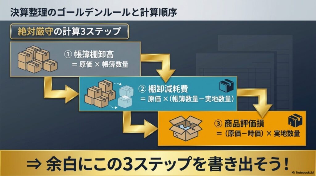 帳簿棚卸高、棚卸減耗費、商品評価損の順番で計算する3ステップのゴールデンルールの図解
