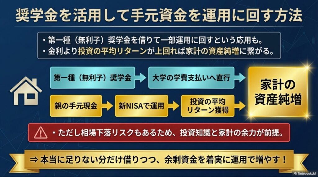 無利子奨学金などを活用して手元の現金を残し、それを新NISA等で運用して教育費増大に繋げるという応用戦略の図。