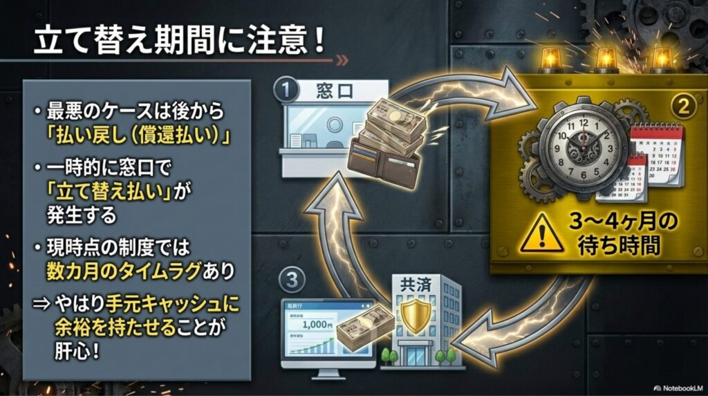 窓口で現金を払い、後から口座に戻ってくる流れを示す循環矢印の図解