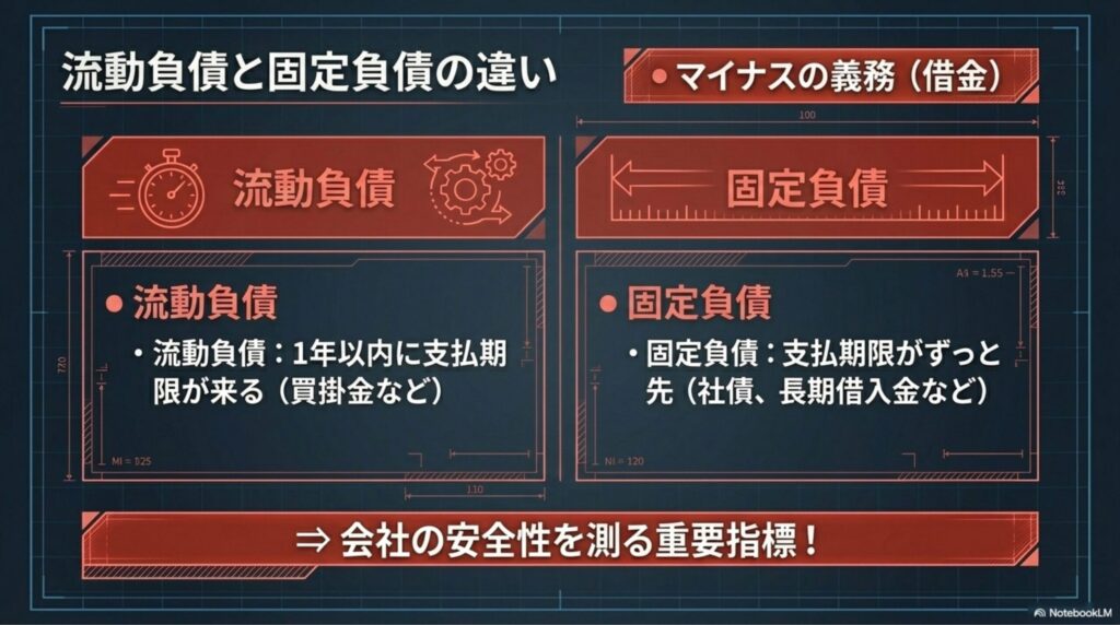 近いうちに支払う義務がある流動負債と、返済期限が長期的である固定負債の違いの図解。
