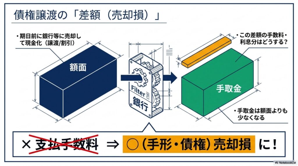 債権を期日前に譲渡・現金化する際、割引料などの差額が売却損として計上される図解
