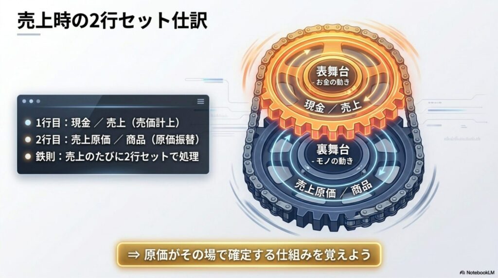 売価の計上と同時に、在庫の減少と原価の振り替えを行う2行セットの仕訳を示した図解
