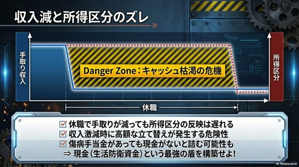 給与額が下がっているのに、保険証のランクが高いままで苦しむ様子を示すチャート
