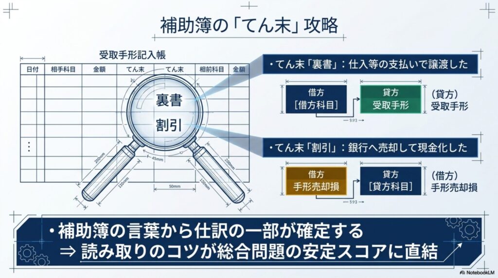 受取手形記入帳のてん末欄に記載された「裏書」「割引」から取引内容と仕訳を読み解くポイント
