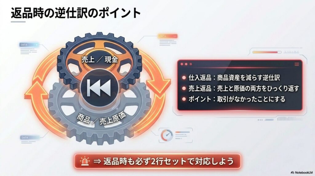 売上返品時に、売価の取り消しと同時に手元に商品が戻ってくることによる原価の取り消しを行う逆仕訳の図解
