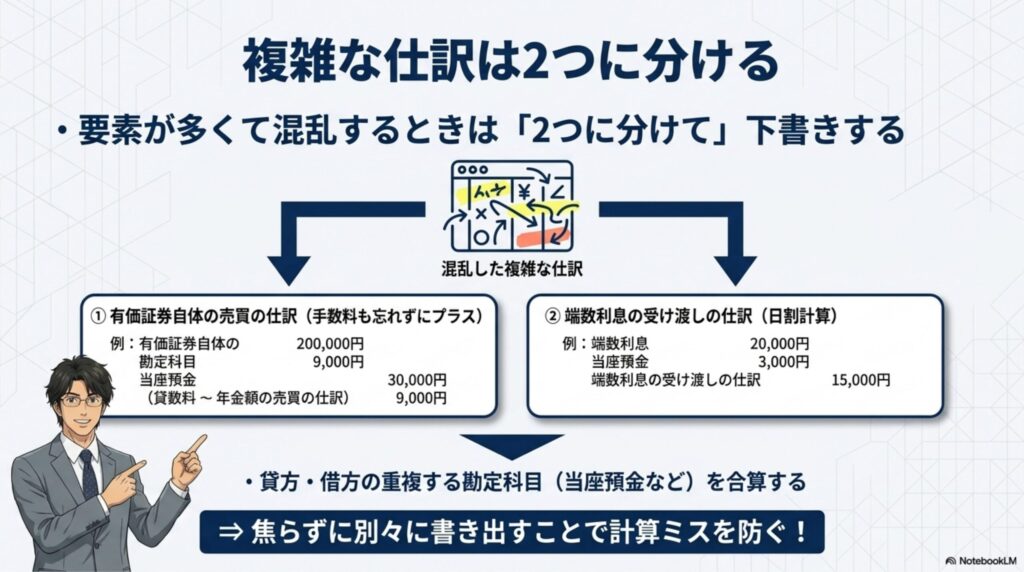 有価証券本体の売買仕訳と、端数利息の受け渡し仕訳の2段階に分けて考える手順を示す図解
