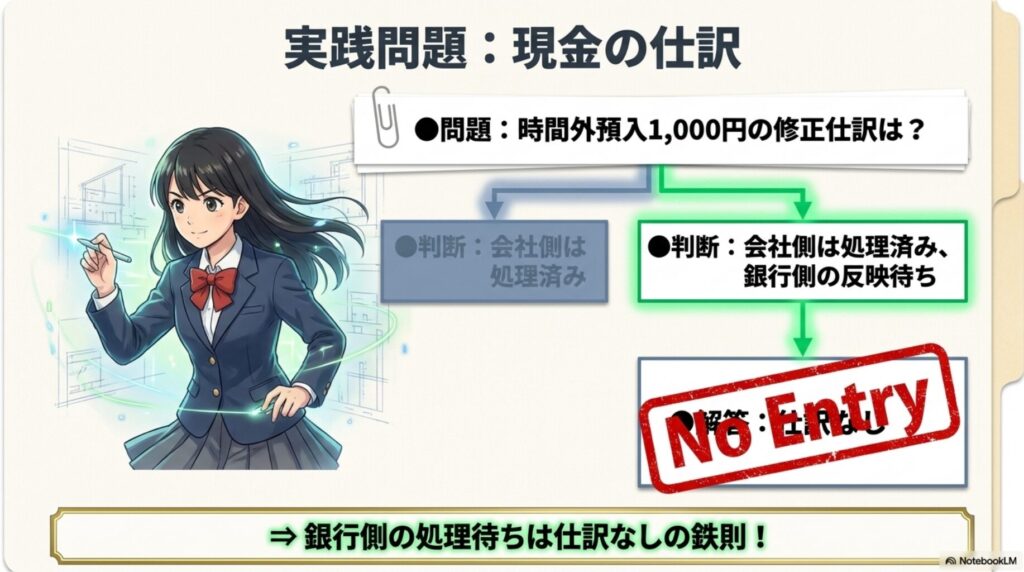時間外預入に対する仕訳の要不要を問う問題の図解
