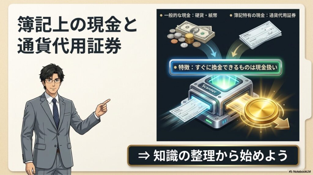 簿記で現金扱いとなる通貨代用証券の定義を示す図解
