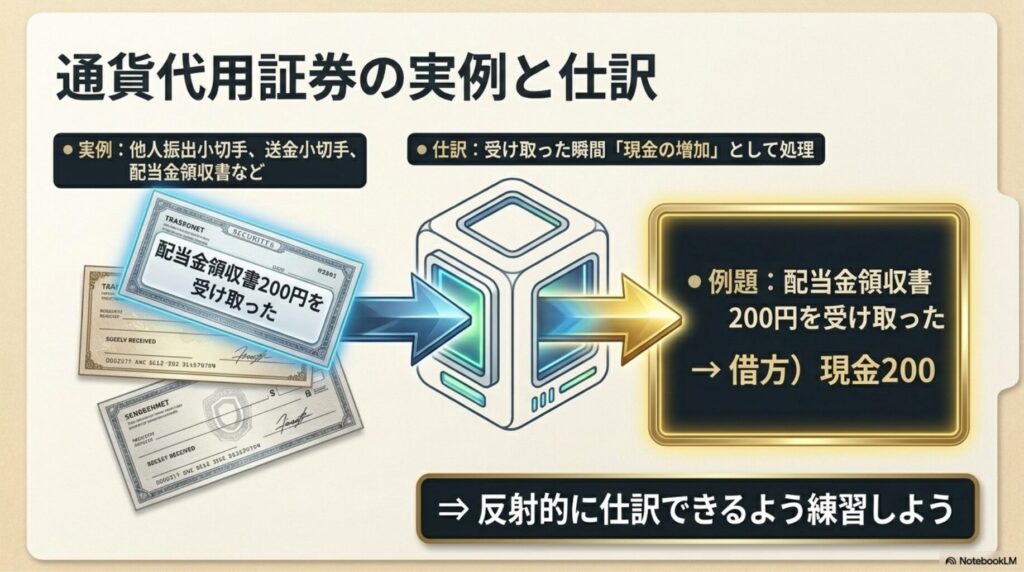 配当金領収書などの通貨代用証券の例と仕訳方法を示す図解

