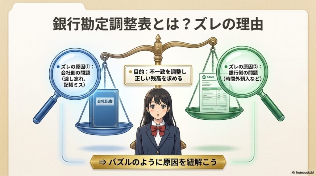 企業の帳簿残高と銀行の残高証明書がズレる原因を比較する図解
