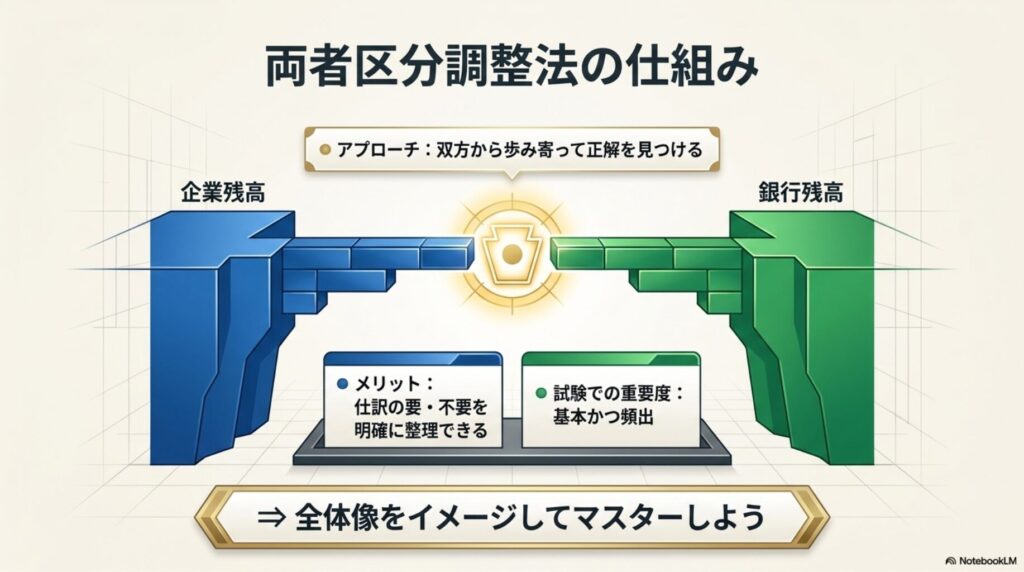 企業残高と銀行残高の双方に修正を加えて正しい残高を求める両者区分調整法の仕組みの図解
