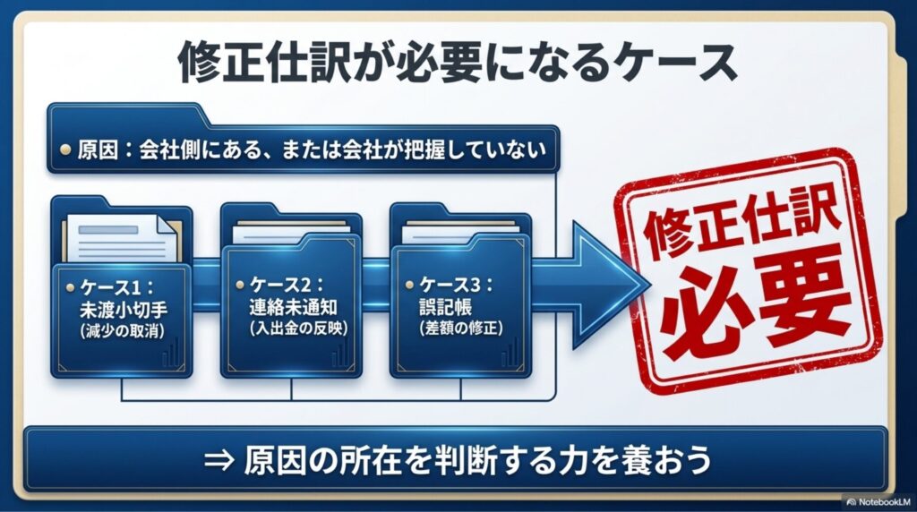 未渡小切手や連絡未通知など、会社側で修正仕訳が必要なケースの一覧図解
