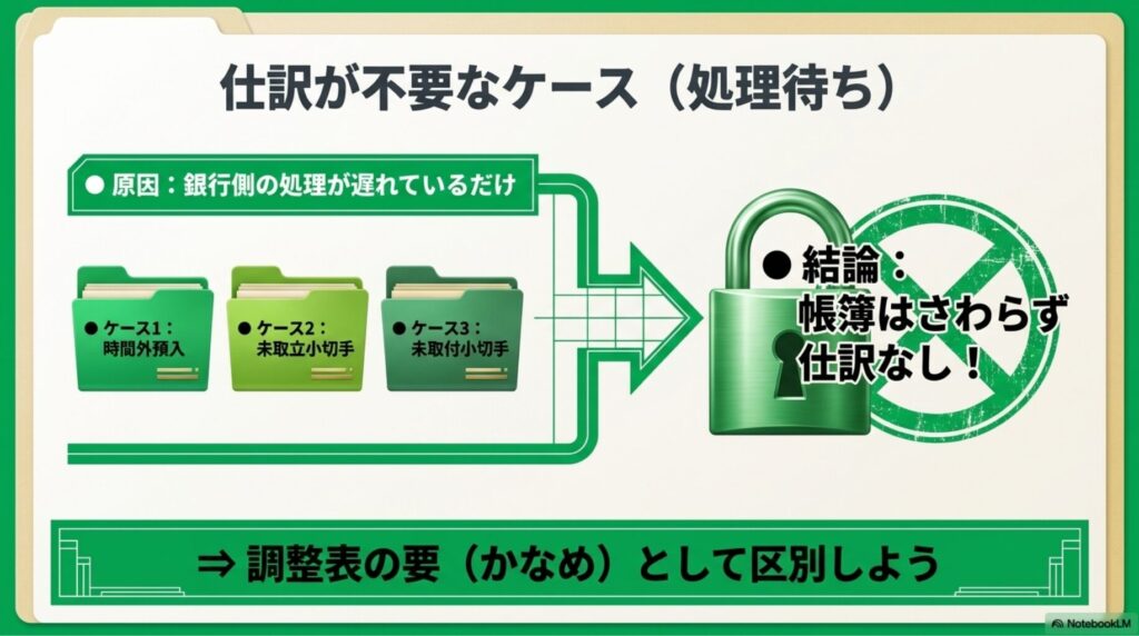 時間外預入や未取立小切手など、銀行側の処理待ちで会社側の仕訳が不要なケースの図解
