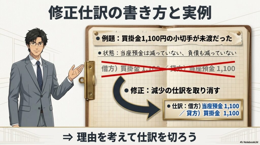 未渡小切手の修正仕訳の具体的な手順を示す図解
