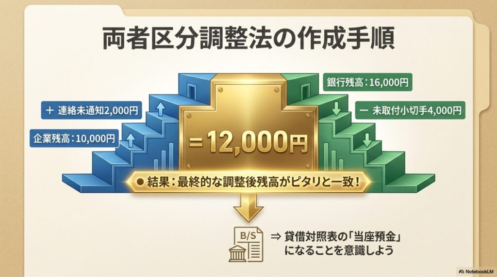 企業残高と銀行残高から加減算を行い調整後残高を一致させる表の図解
