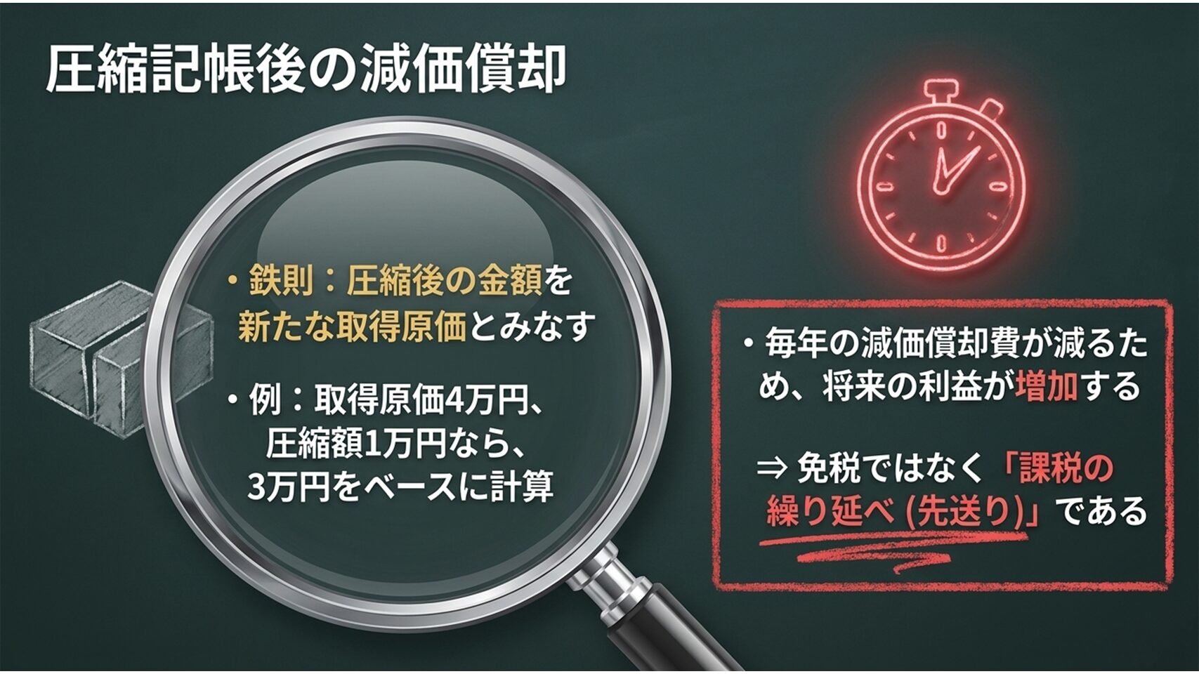 圧縮記帳により減額された帳簿価額をベースとした減価償却の計算方法の図解