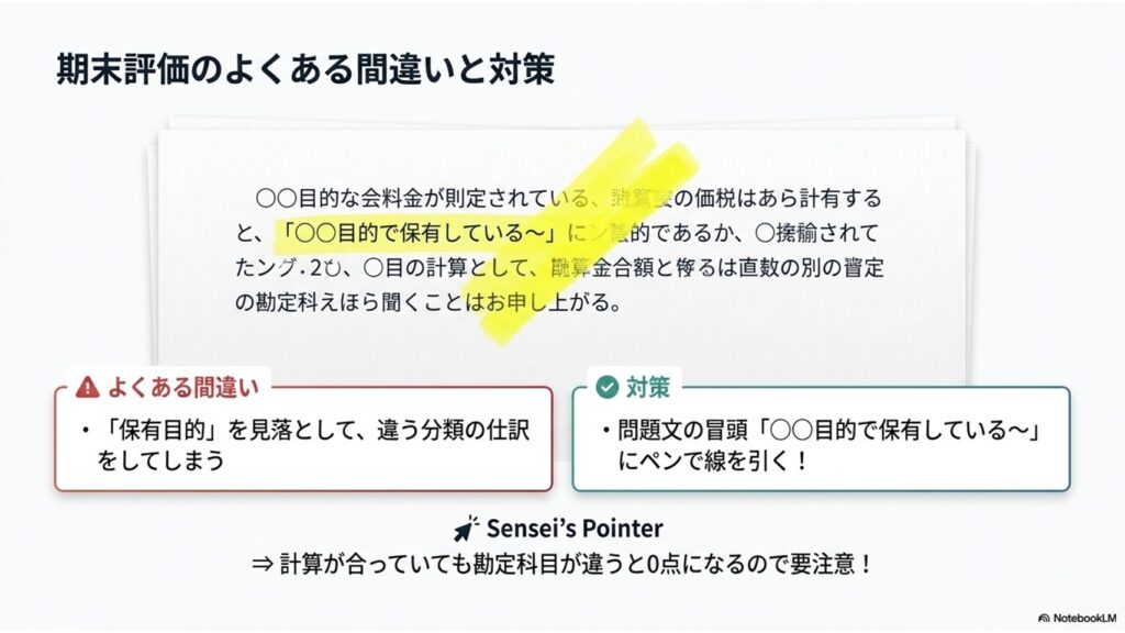 有価証券の期末評価でよくある間違いとして「保有目的の見落とし」を挙げ、問題文の該当箇所に線を引く対策を図解。
