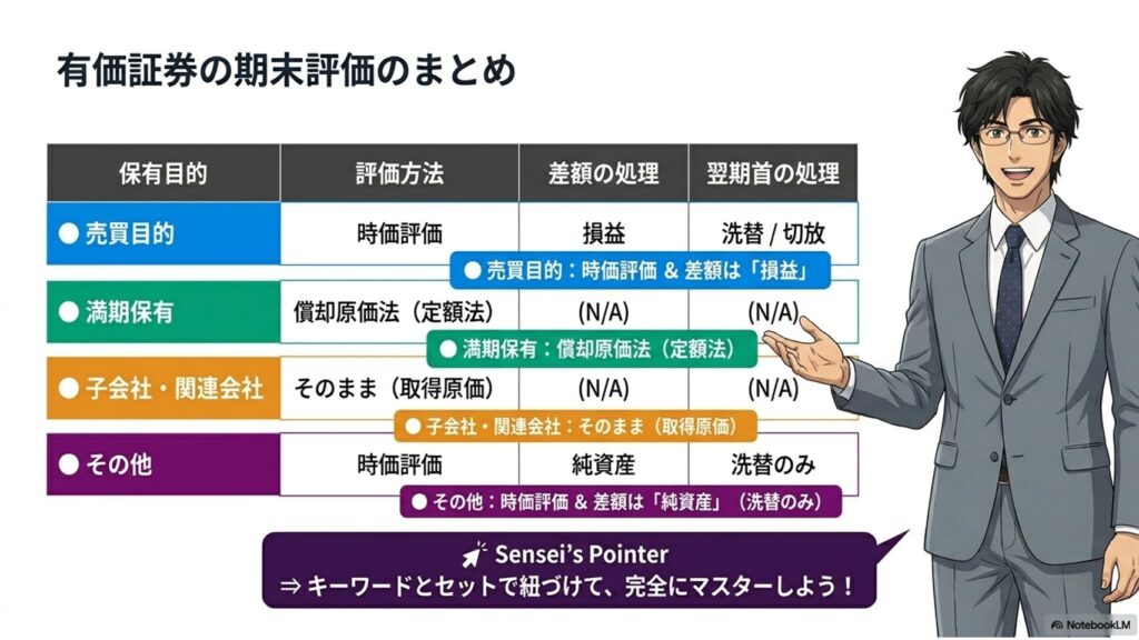 有価証券4パターンの期末評価ルール（売買目的、満期保有目的、子会社・関連会社株式、その他有価証券）を一覧でまとめた図解。
