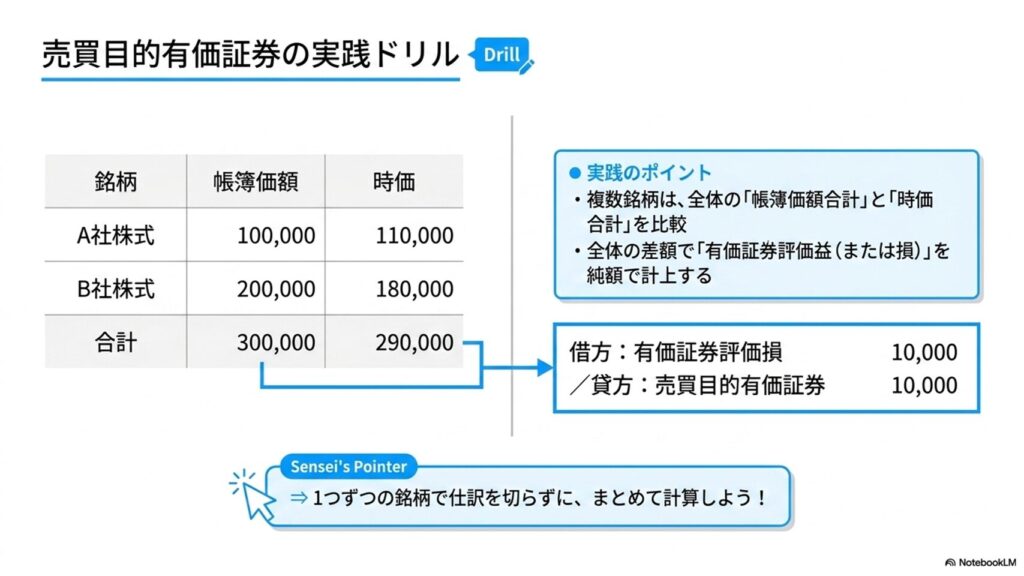 売買目的有価証券の時価評価について、複数の銘柄の帳簿価額と時価の差額を合計して仕訳を行う計算問題の解説図解。
