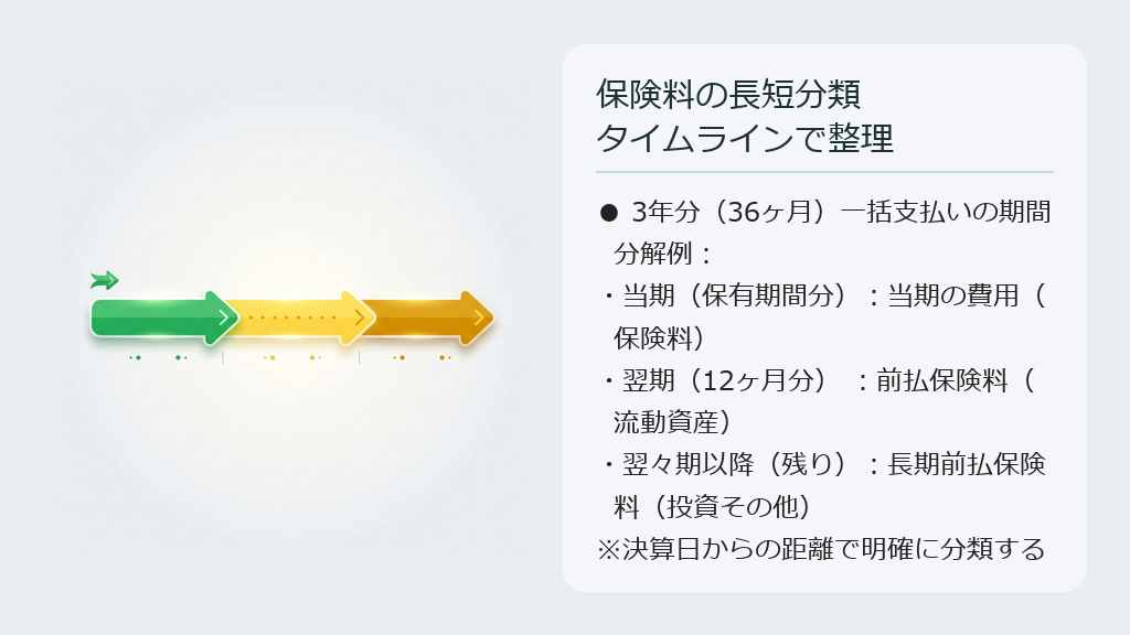 3年分の保険料タイムラインを、当期分(費用)、翌期分(流動資産)、翌々期以降分(投資その他)の3色に区切ったイメージ図