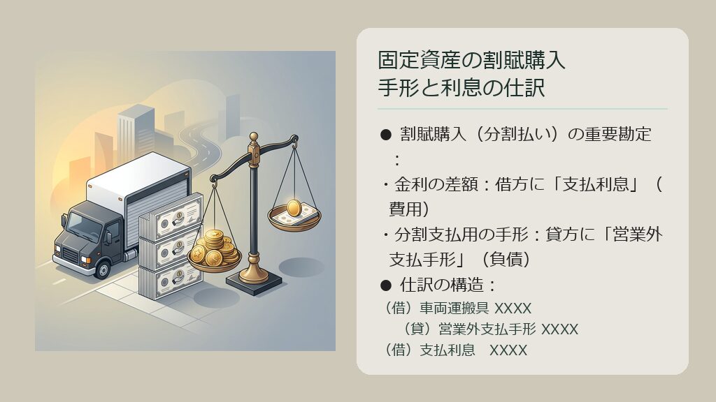 購入したトラックの価値(車両運搬具)と、利息(支払利息)が天秤に乗り、手形総額(営業外支払手形)と釣り合っている仕訳構造の図解