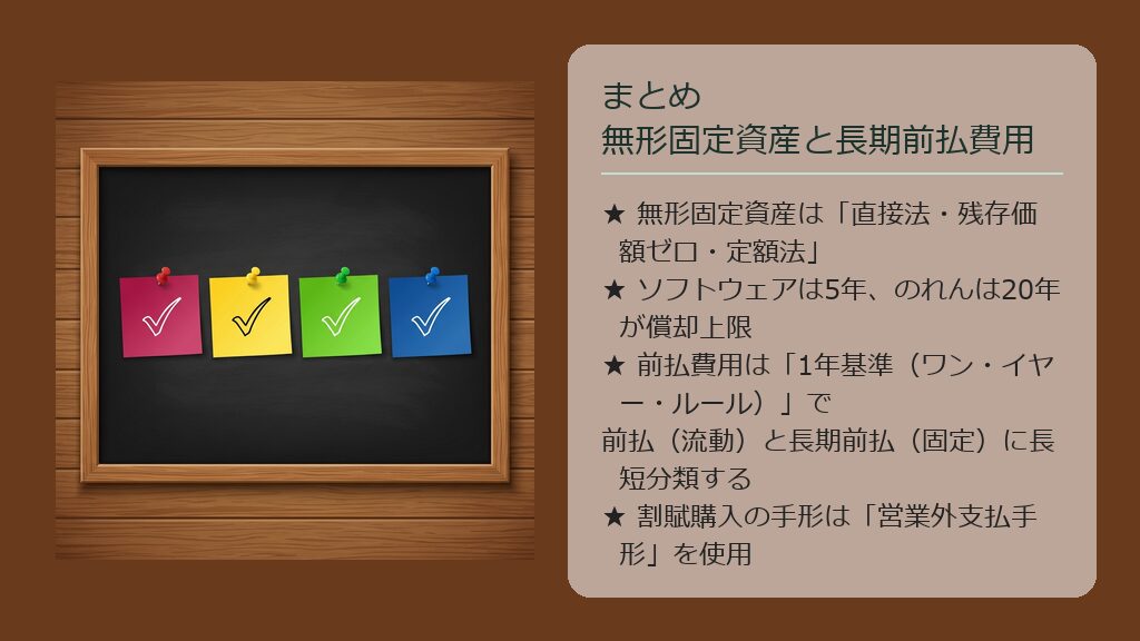木製のボードに貼られた4枚のカラフルなチェックリスト付箋が、記事の重要ポイントを整理しているまとめスライドのイメージ図