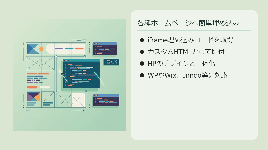 ホームページ作成ツールにコードを貼り付けて見積シミュレーターを埋め込むイメージのイラスト。