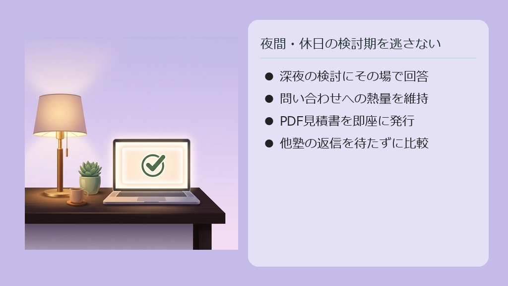夜間に保護者が自宅で見積シミュレーターを使ってその場で月謝計算を行う様子のイメージ図。
