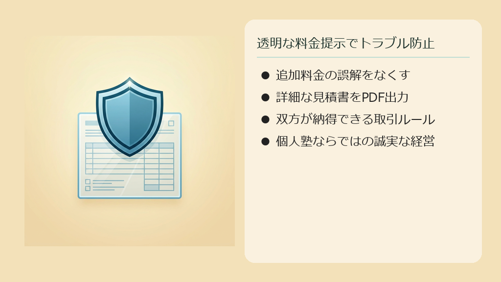 項目ごとの内訳が明記されたクリアな見積書で料金トラブルを防ぐイメージイラスト。