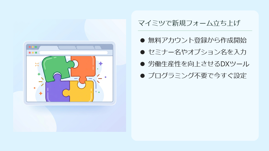 専門知識がなくても、マイミツを使ってノーコードで見積フォームを設定するプロセスのイラスト。
