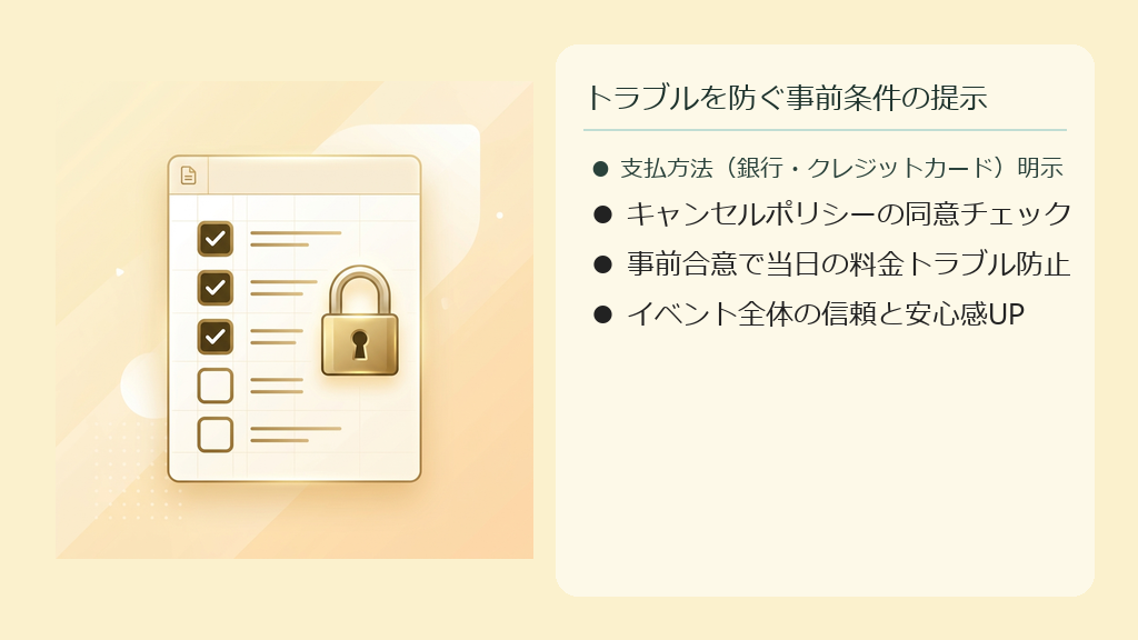 キャンセル規定や支払ルールを事前に確認し、同意を得た上で見積もり・予約を受けるイメージのイラスト。