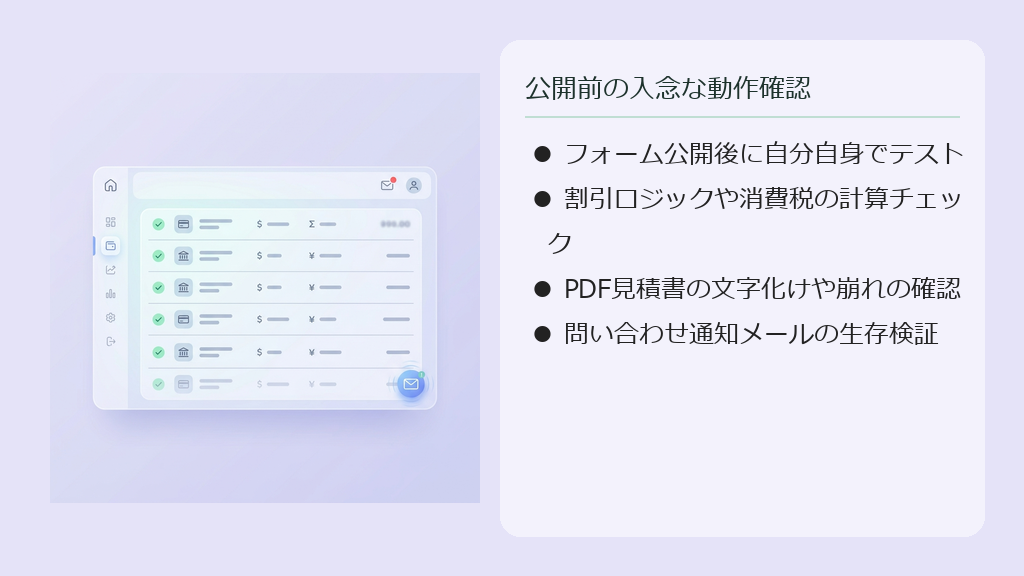 フォーム公開後に、管理者宛てに即時通知メールが正常に届くことを検証・確認するプロセスのイラスト。