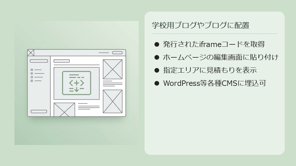 学校のブログのページ内に、シミュレーターをカスタムHTMLブロックで埋め込む様子のイラスト。
