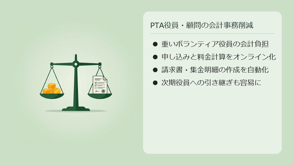 会計の帳簿管理や請求業務が自動化されて負担が軽くなったPTA役員のイメージイラスト。
