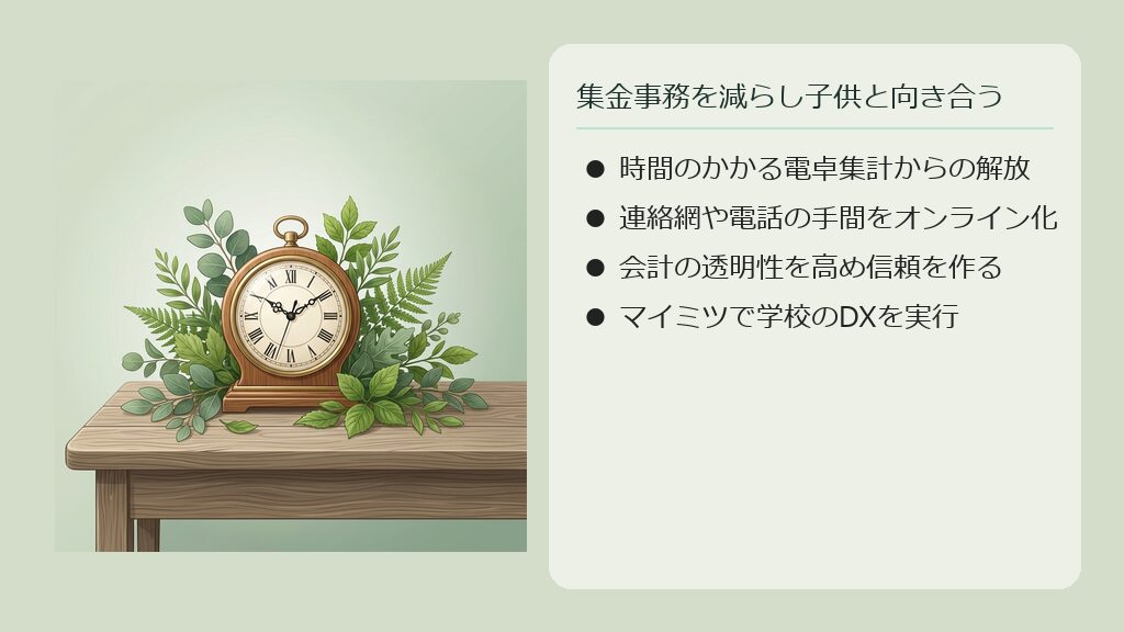 面倒な集金業務が自動化され、教員やPTA役員が授業や教育活動に専念できる様子を表したイラスト。