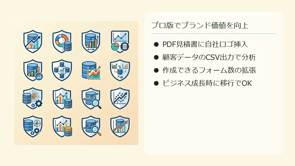 顧客データの分析やロゴ画像の表示など、プロ版へアップグレードして機能を拡張するイメージ図。