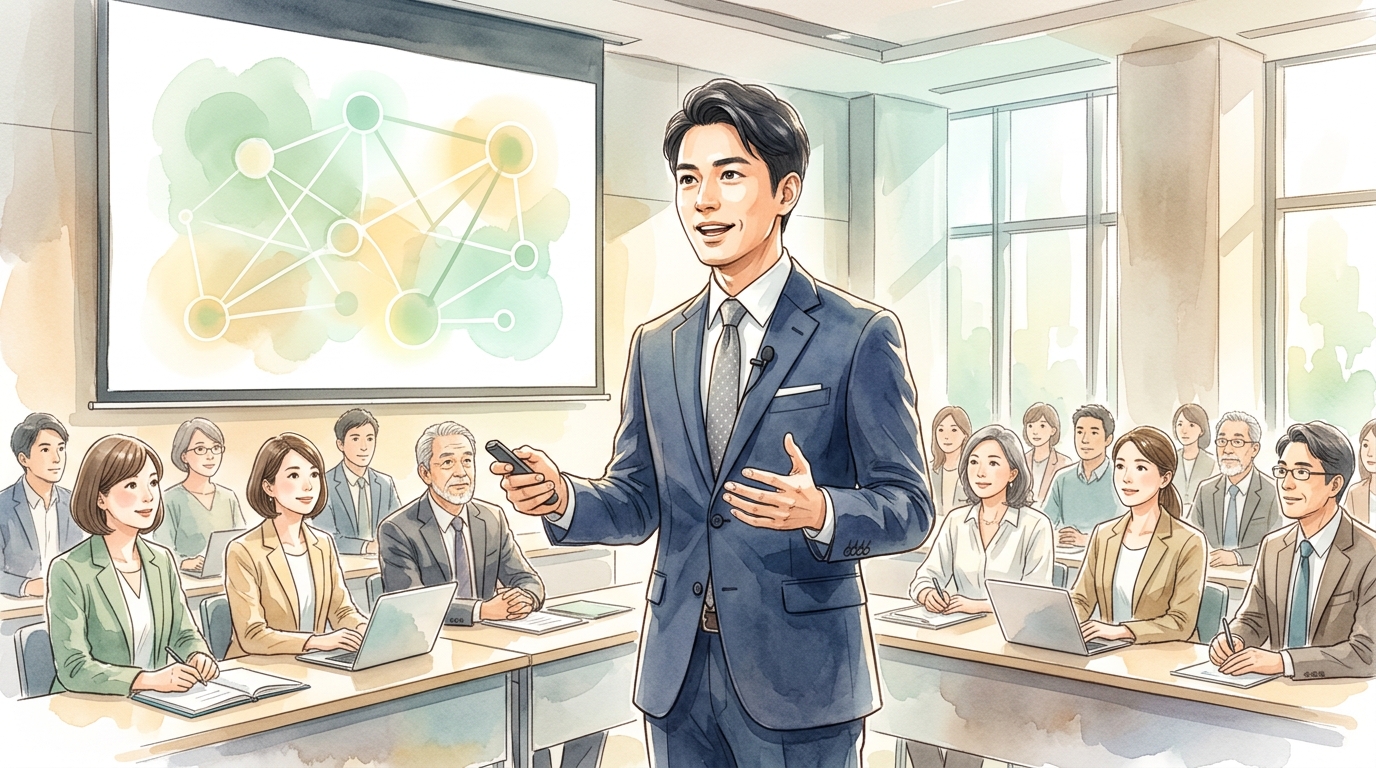 教員時代に培った指導力やプレゼン力を企業研修で発揮するイメージ