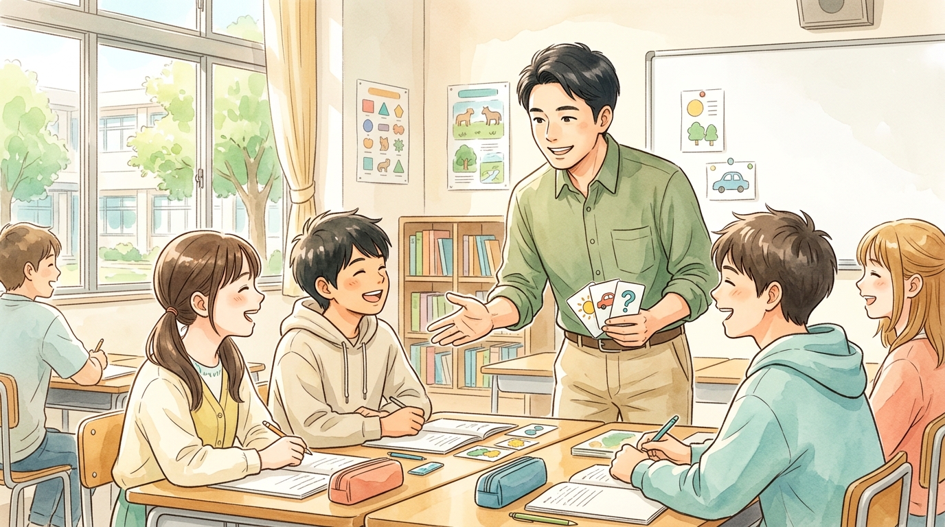 小学校・中学校・高校の英語授業で自信を持って指導する教員のイメージ