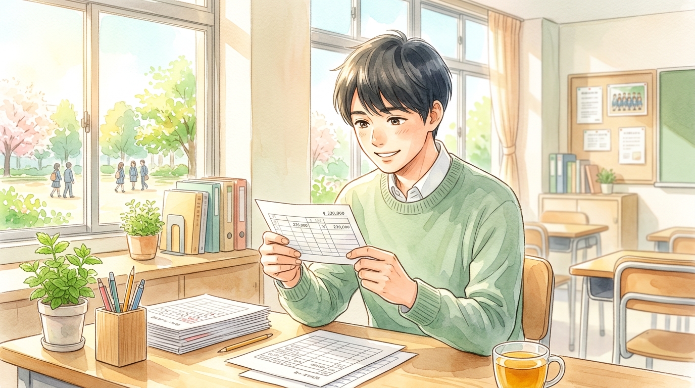 教員の初任給と手取り額の仕組みをFP解説するイメージ