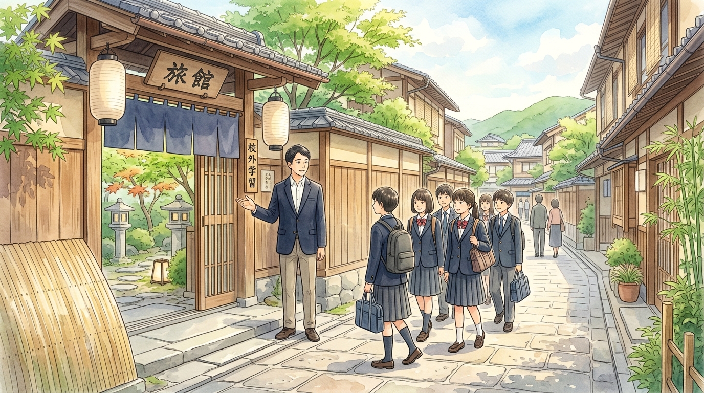 修学旅行や部活動の遠征引率における宿泊旅費と引率業務のイメージ
